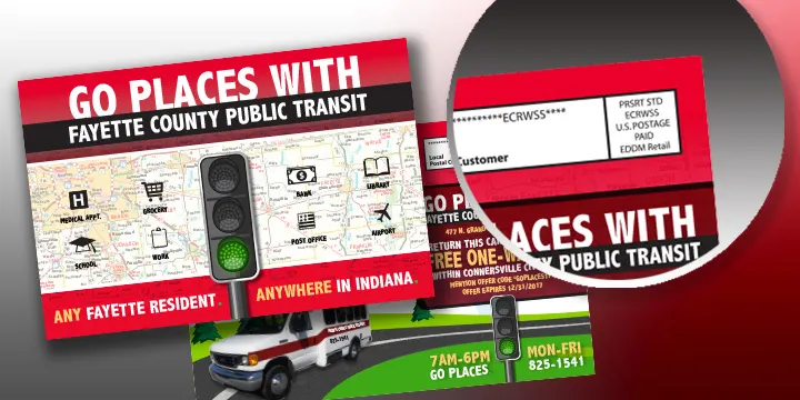 EDDM postcard printed by Commercial Printing Services for Fayette County Public Transit, front and back